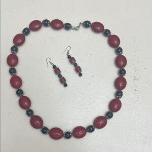 Red and Black Bead Necklace with Matching Earrings - Handmade